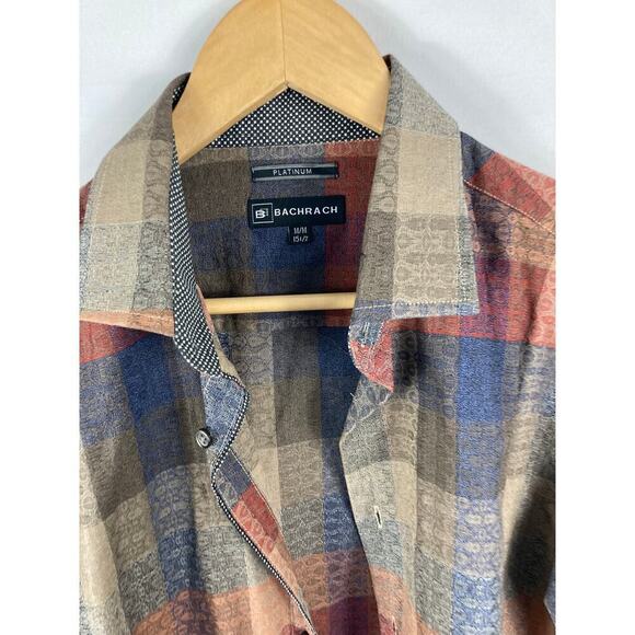 Bachrach Mens Neutral Plaid Button Up Long Sleeve Shirt Size Medium 15.5 - Picture 2 of 8